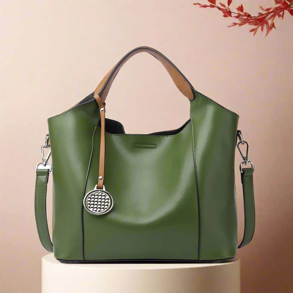 Green Leather Work Bag with versatile design and spacious interior, featuring elegant two-tone style.