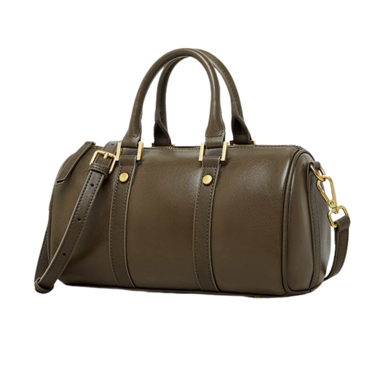Classic leather barrel handbag with gold hardware, adjustable strap, and compact design.