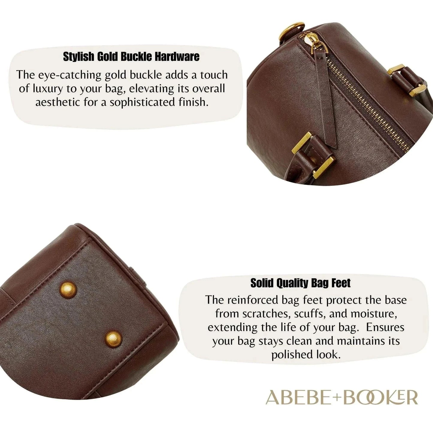 Classic leather barrel handbag with gold hardware and reinforced bag feet for durability and style.