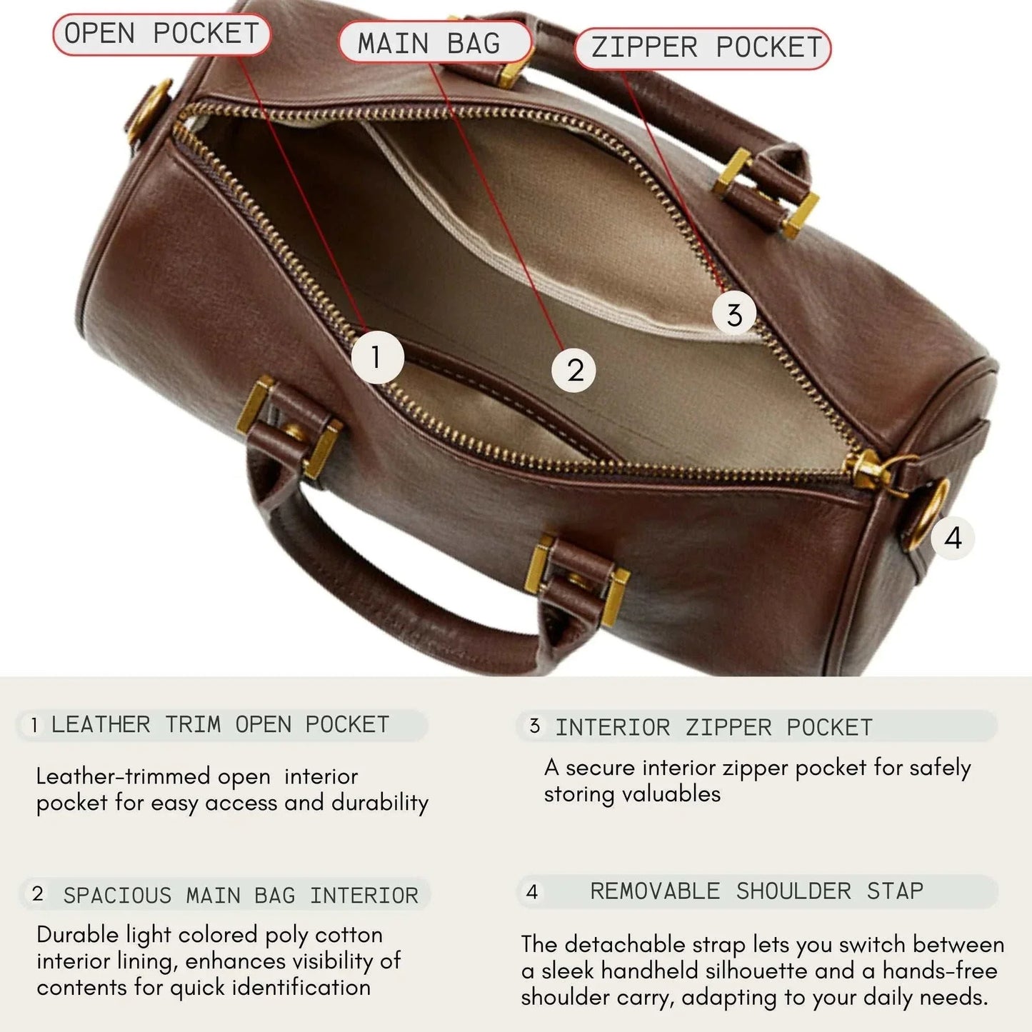 Barrel-shaped leather handbag with gold hardware, open and zipper pockets, and adjustable strap.