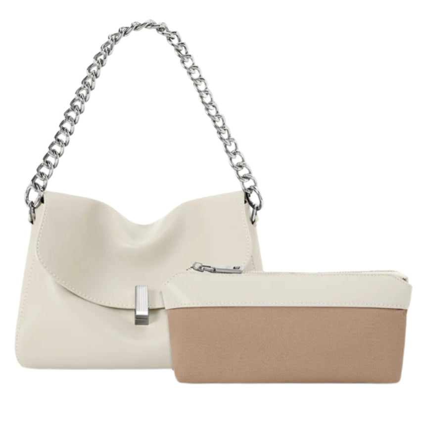 Small messenger purse with genuine leather, slouchy design, chain strap, and removable inner bag.