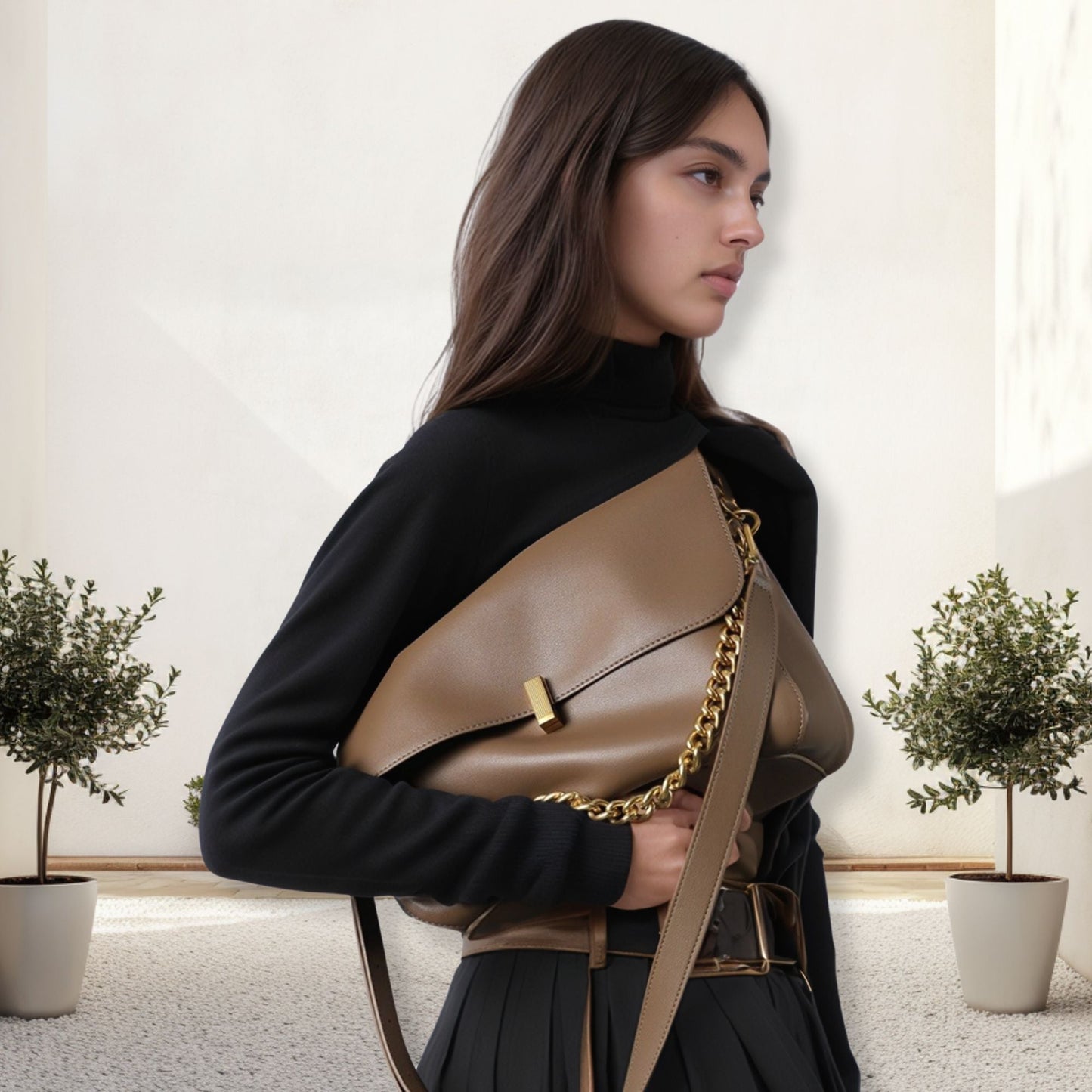 Woman holding a stylish small messenger purse in genuine leather with a chain strap, showcasing versatility and