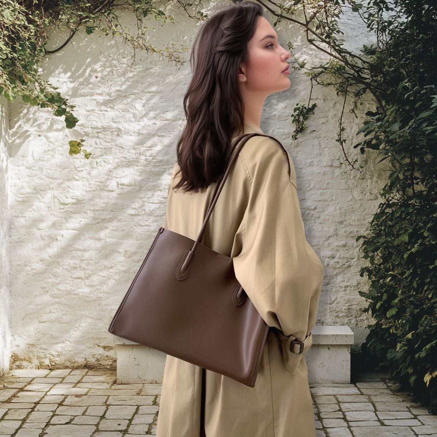 Woman carrying a Tote Leather Bag in a stylish outdoor setting.