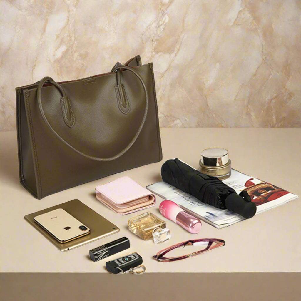 Leather tote bag with personal items including