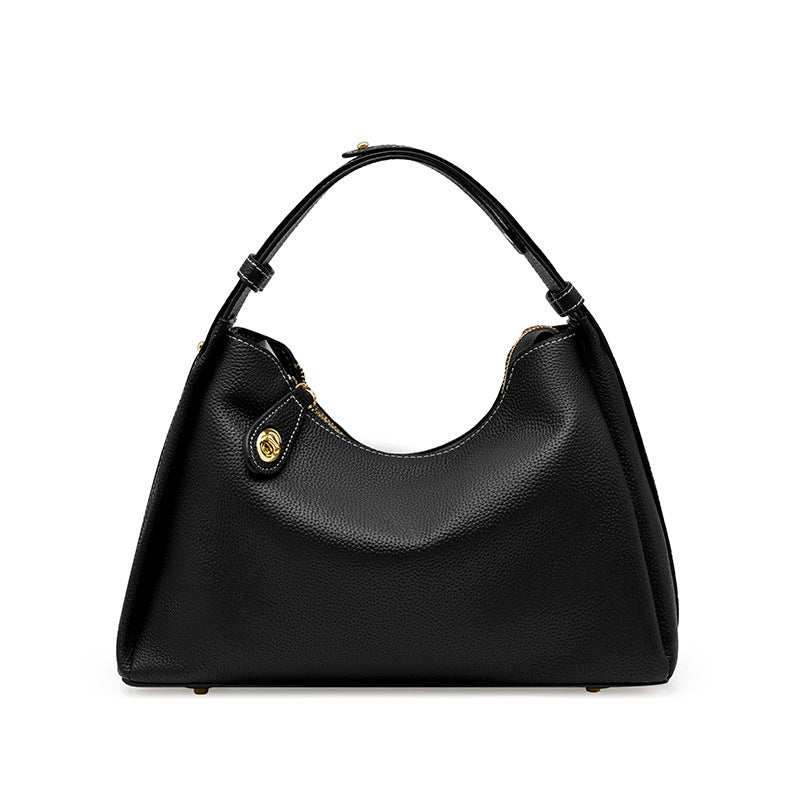 Trapezoid leather crossbody handbag, sleek, durable genuine leather, convertible strap, black