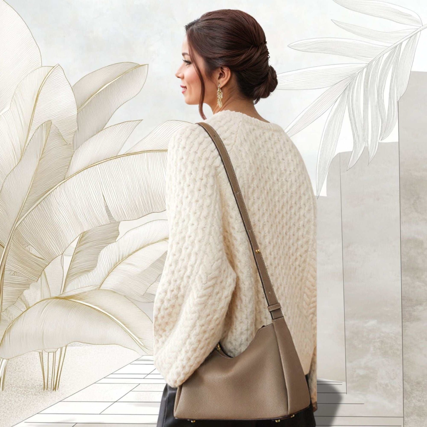 Trapezoid Leather Crossbody Handbag with adjustable strap and lychee-patterned genuine leather.