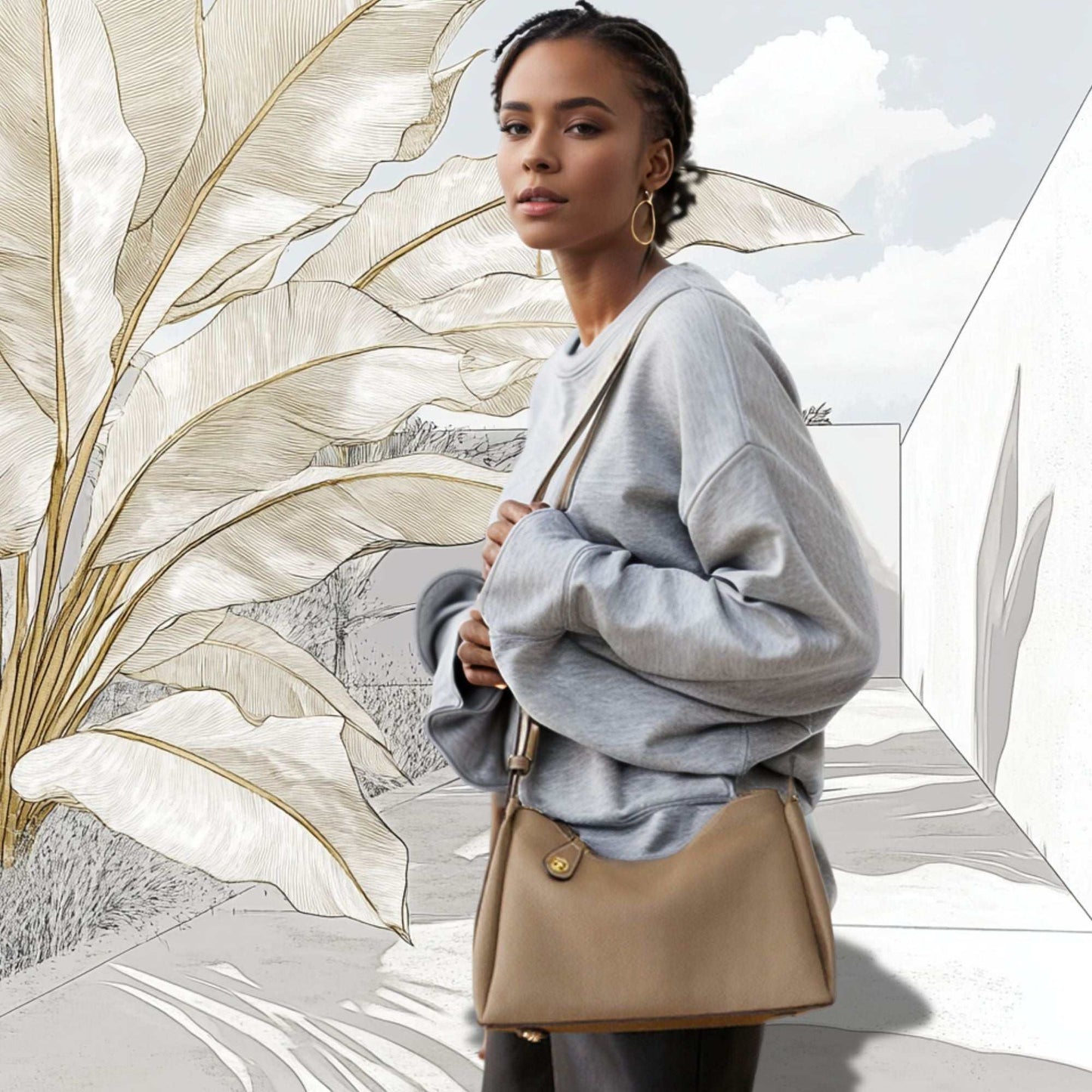 Trapezoid leather crossbody handbag with sleek design, genuine leather,