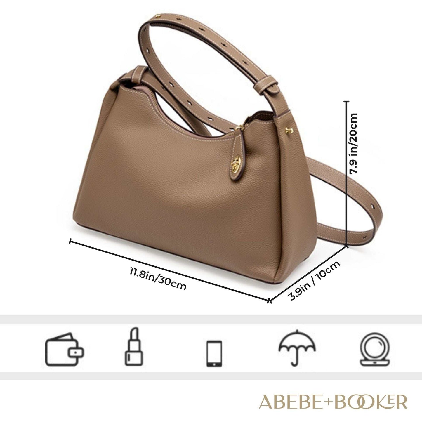 Trapezoid leather crossbody handbag with adjustable strap, featuring lychee-patterned scratch-resistant leather, dimensions 7.9"H x 11.8"L x 3.9"W.