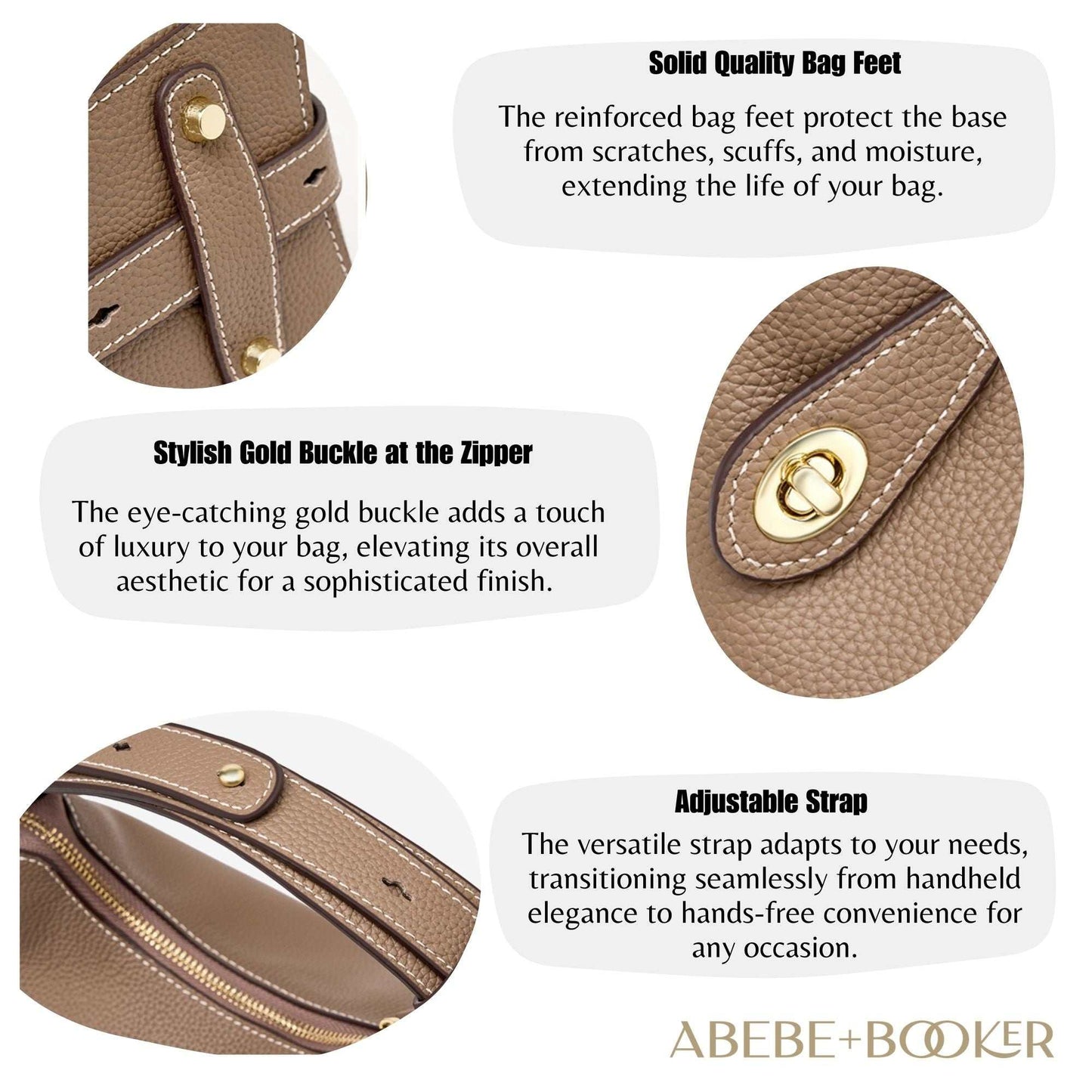 Trapezoid leather crossbody handbag with gold buckle, adjustable strap, and solid bag feet.