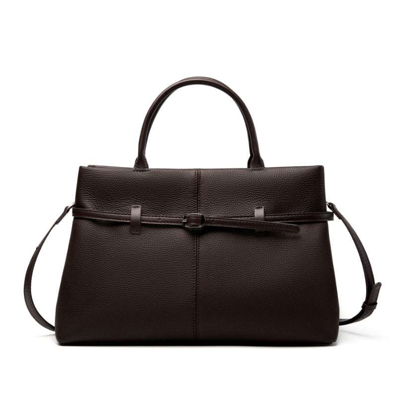 Womens leather briefcase bag in sleek design with handles and adjustable strap, dark brown color.