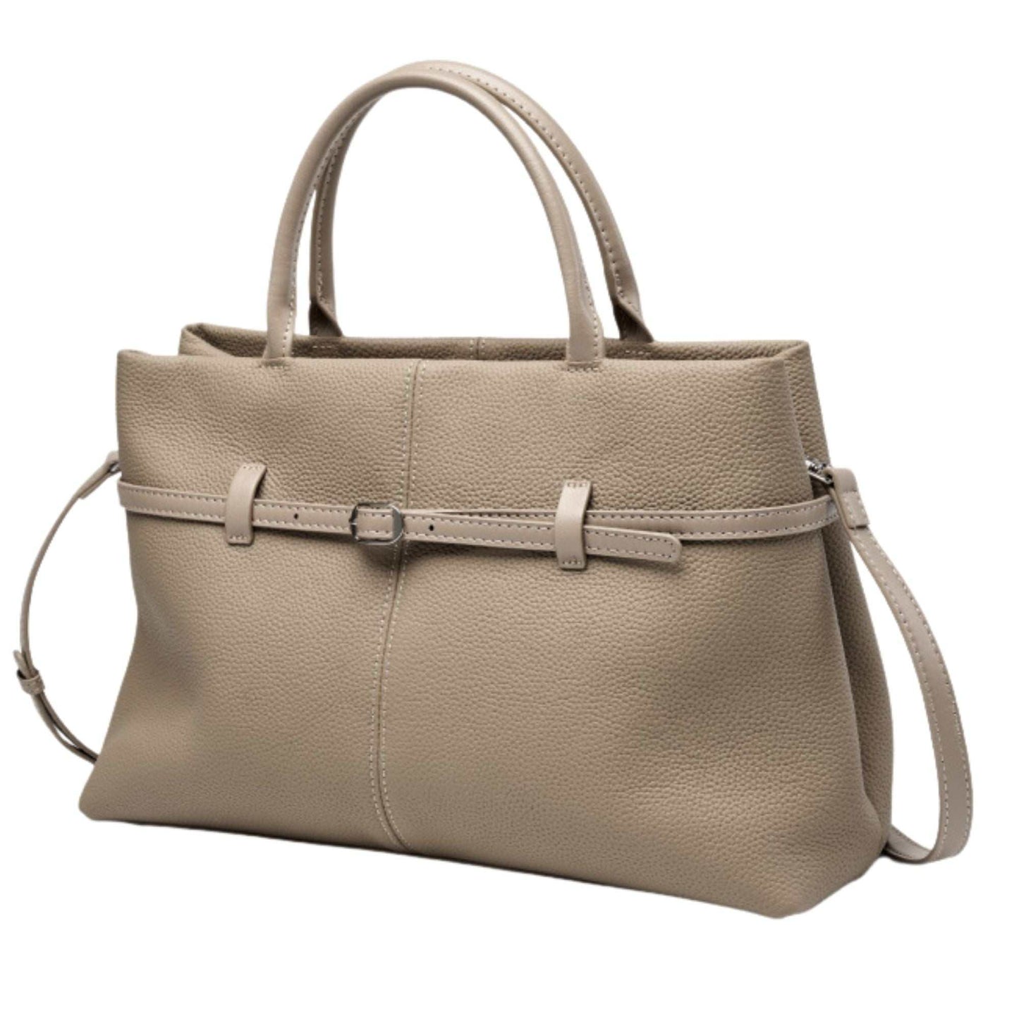 Women's genuine leather briefcase bag in Elephant Gray, featuring a chic belt buckle, handheld and crossbody options.