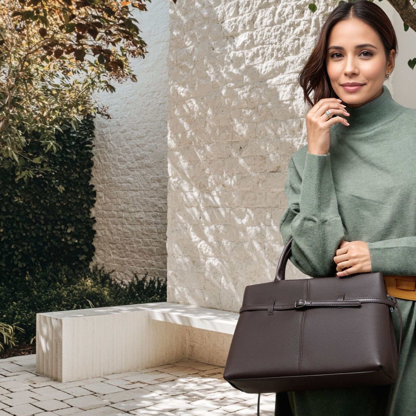 Woman holding a brown leather briefcase bag, showcasing modern style and