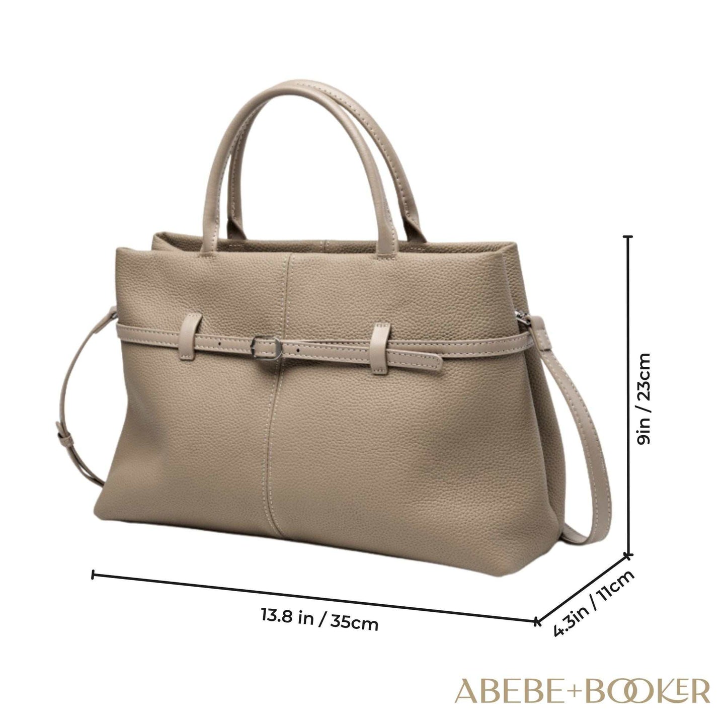 Womens leather briefcase bag in beige with adjustable shoulder strap and buckle detail,