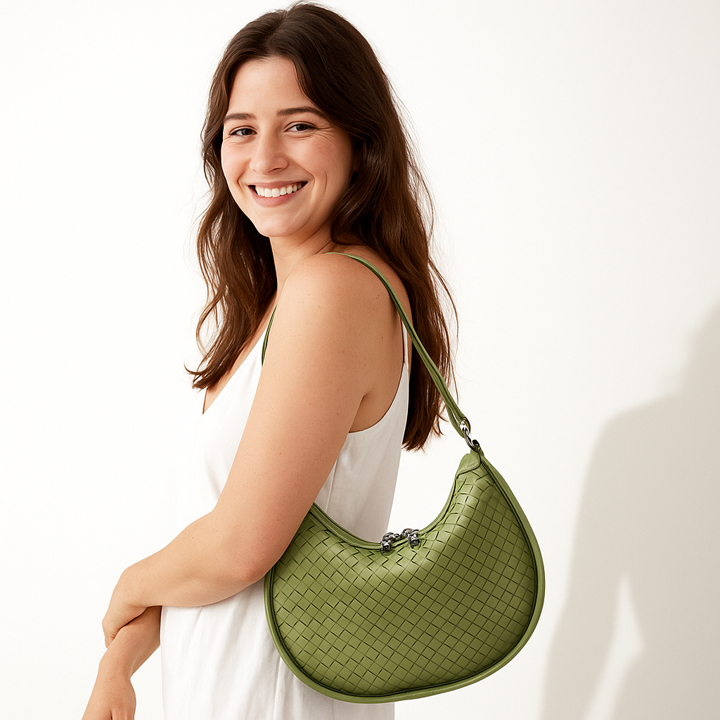 Woven Leather Crescent Crossbody Bag