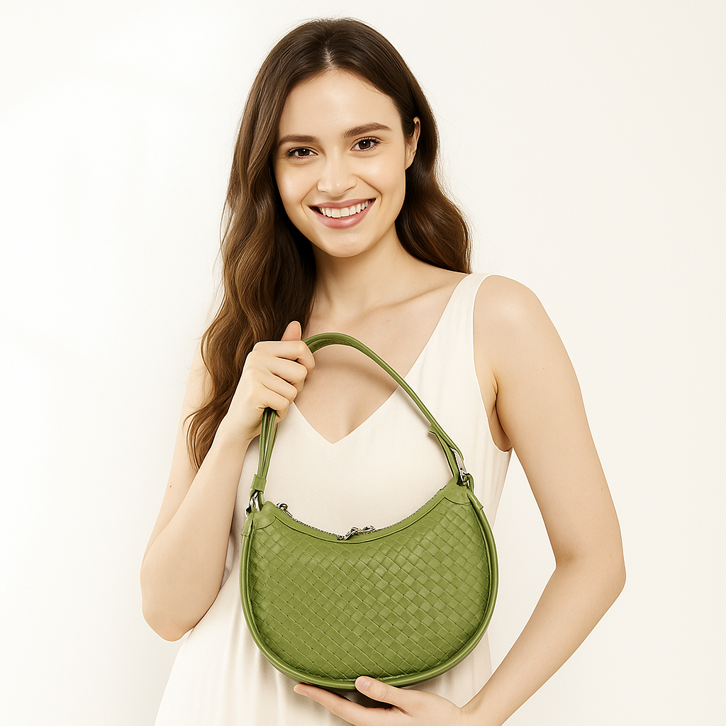 Woven Leather Crescent Crossbody Bag