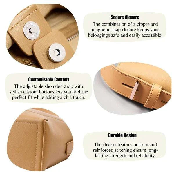 Secure closure and adjustable shoulder strap details of the Bucket Tote Purse with durable leather design.