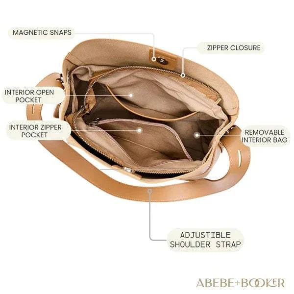 Spacious genuine leather bucket tote purse with multiple interior pockets, magnetic snaps, zipper closure, adjustable shoulder strap, and