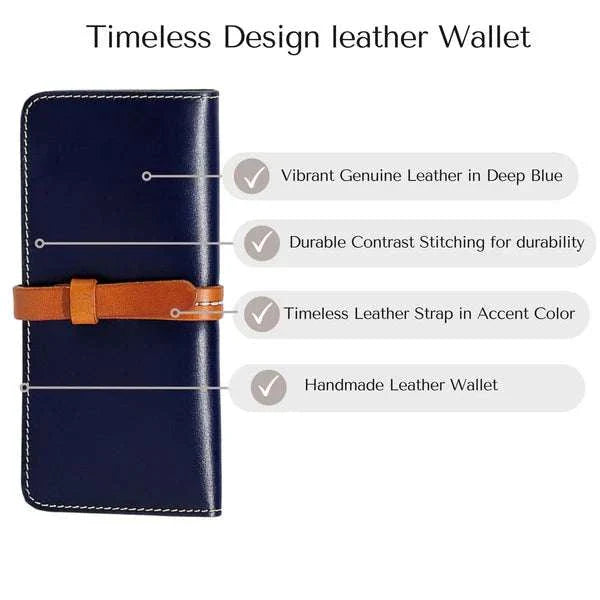 Deep blue female leather wallet with brown strap, premium stitching, and timeless design.