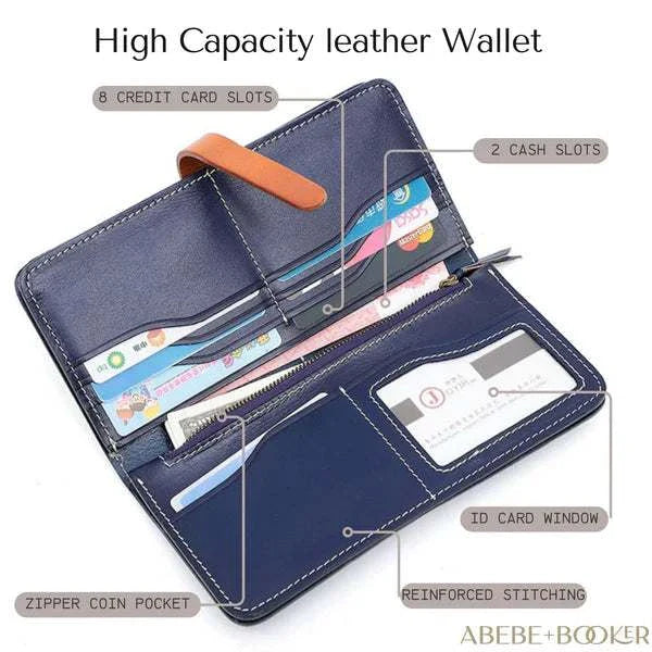 High capacity female leather wallet in deep blue with brown strap, featuring 8 credit card slots, 2 cash slots, zipper coin pocket, and reinforced stitching.