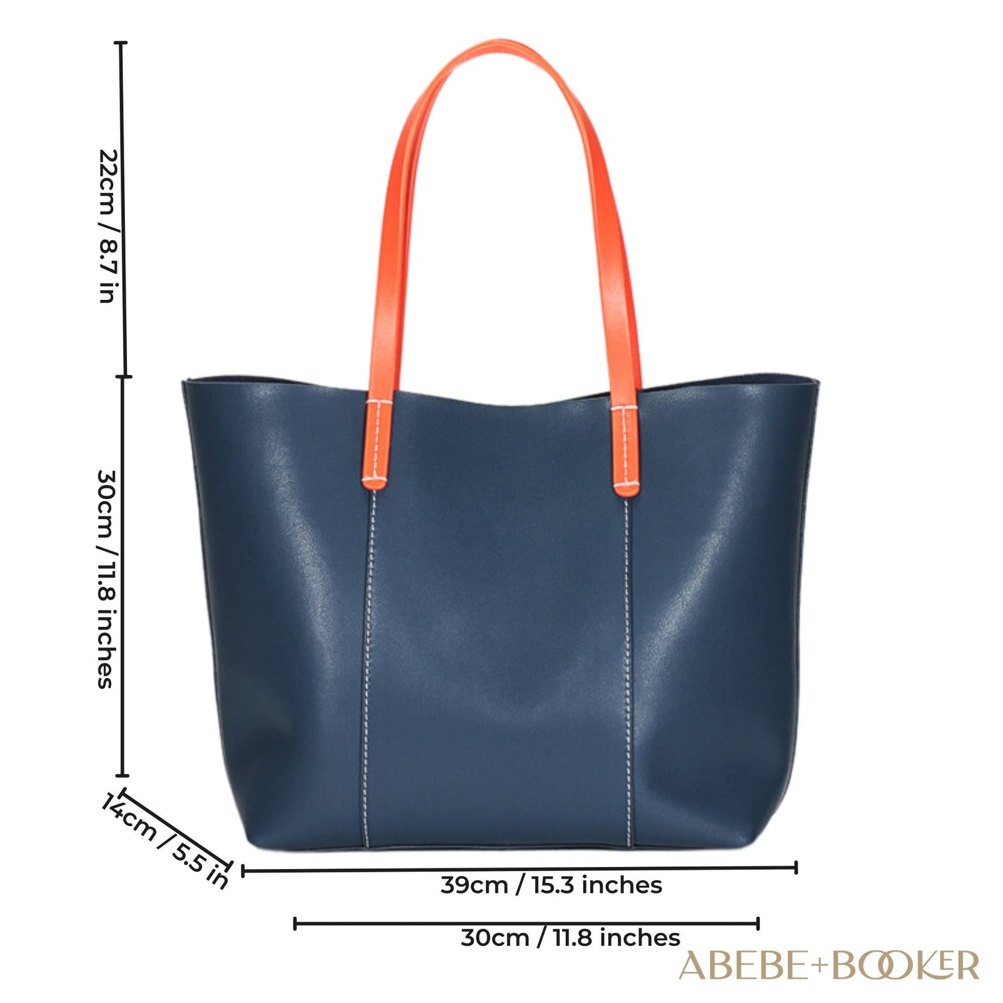Blue leather handbag with vibrant carrot-colored straps, features spacious interior with dedicated pockets, crafted from genuine leather for durability, part of the Essence of Elegance Collection.