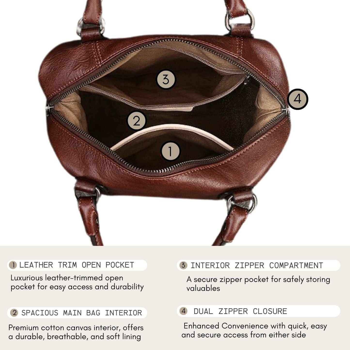 Genuine leather retro bag with spacious interior, embossed medallion design, and durable