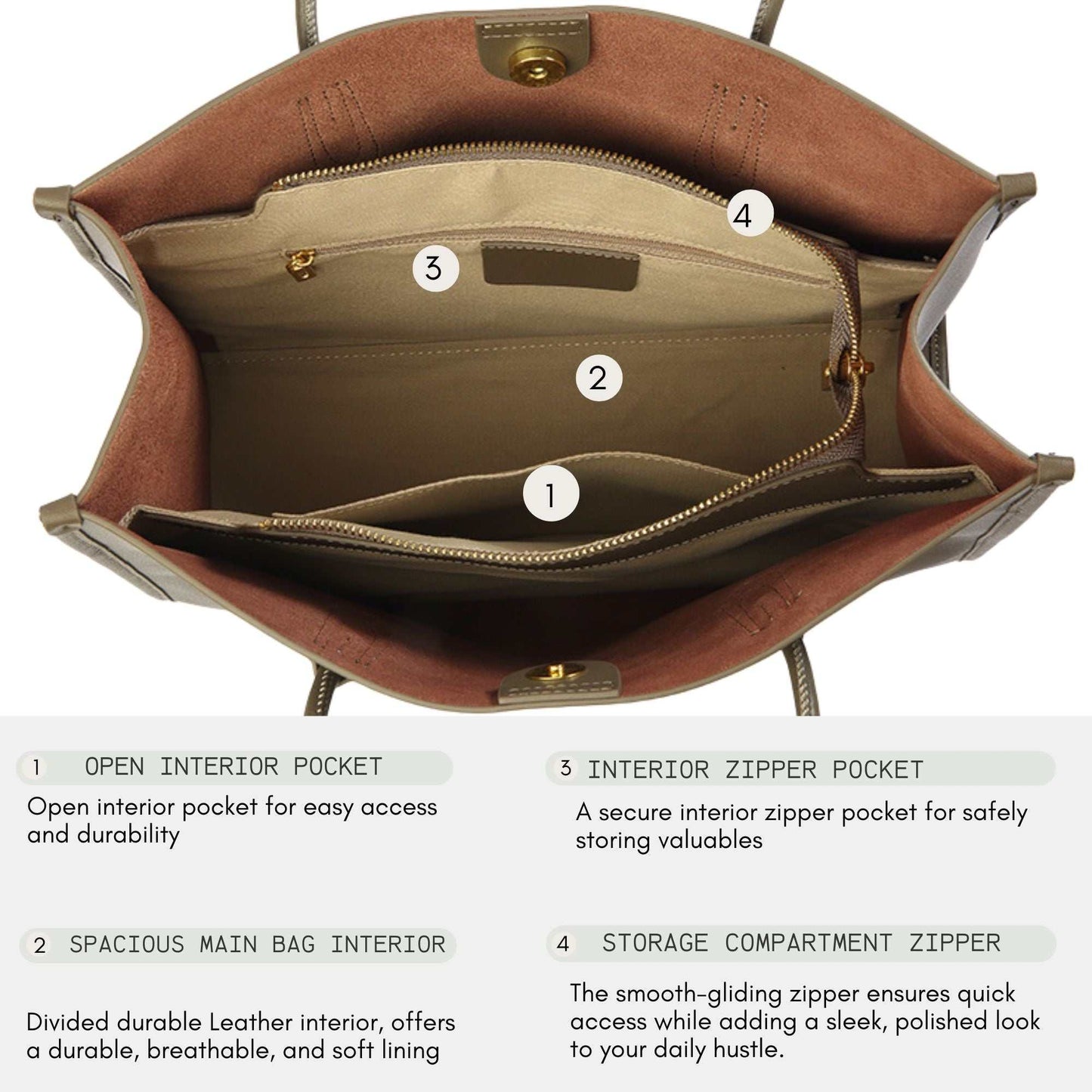 Open leather tote bag interior with organized pockets, showing durable design and practical storage solutions.