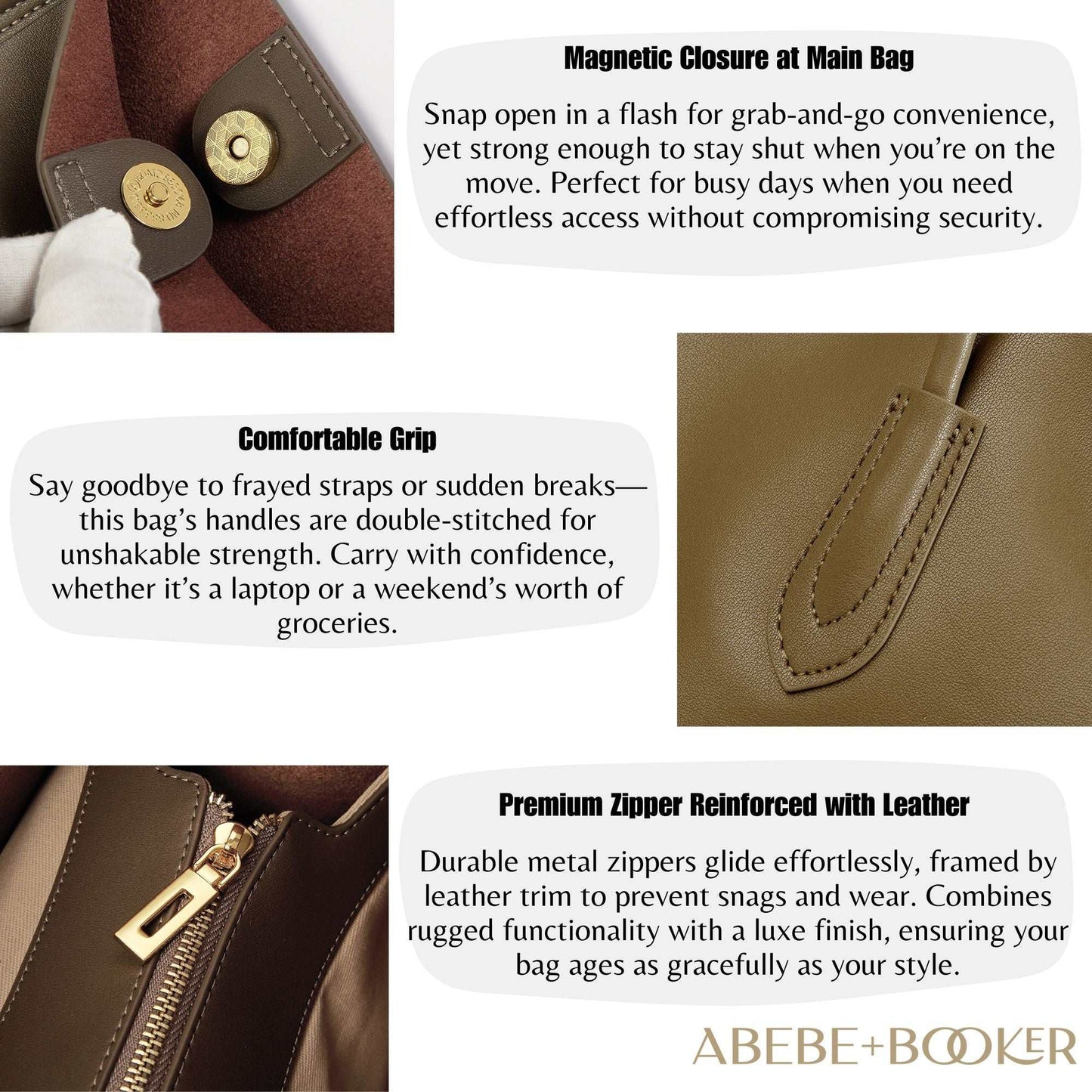 Tote leather bag with magnetic closure, comfortable grip, premium zipper, and durable craftsmanship.