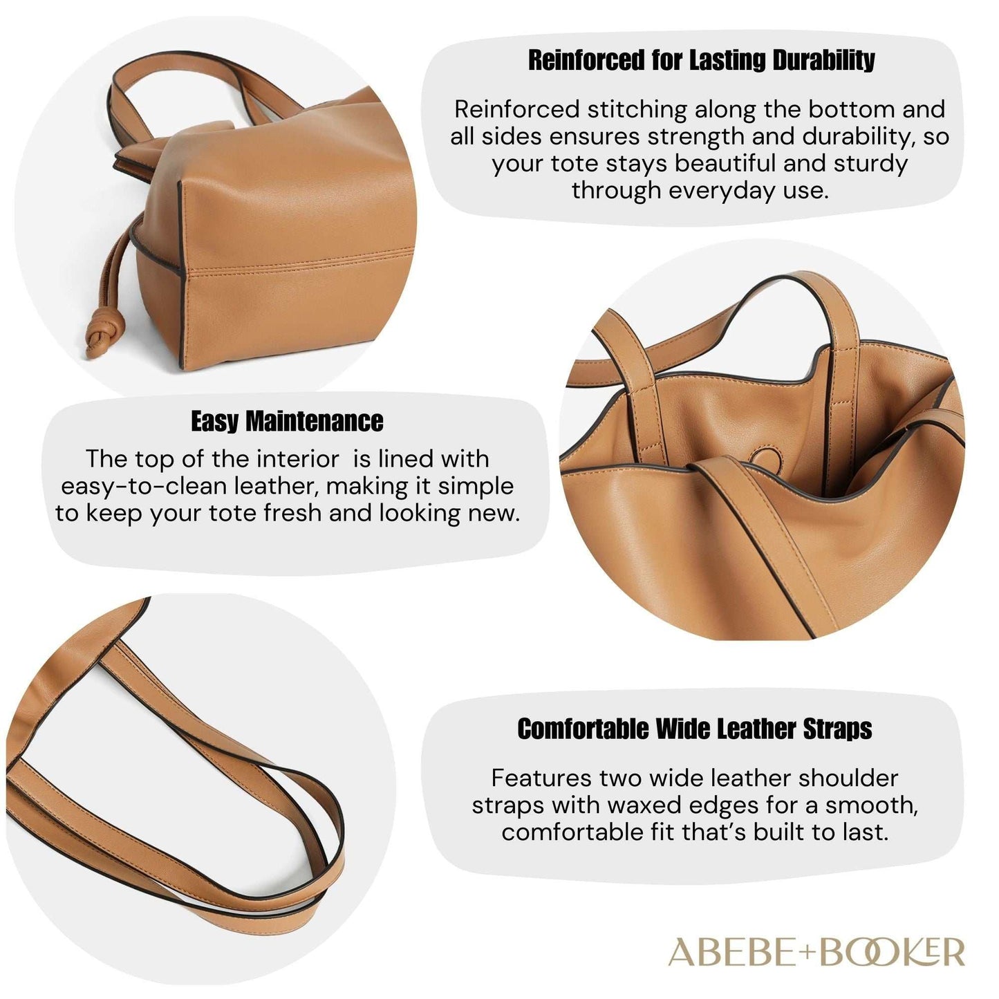 Soft leather tote bag with reinforced stitching, wide leather shoulder straps, and easy-to-clean interior