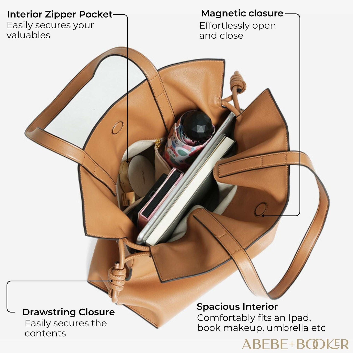 Soft leather tote bag with spacious interior, magnetic closure, and drawstring,