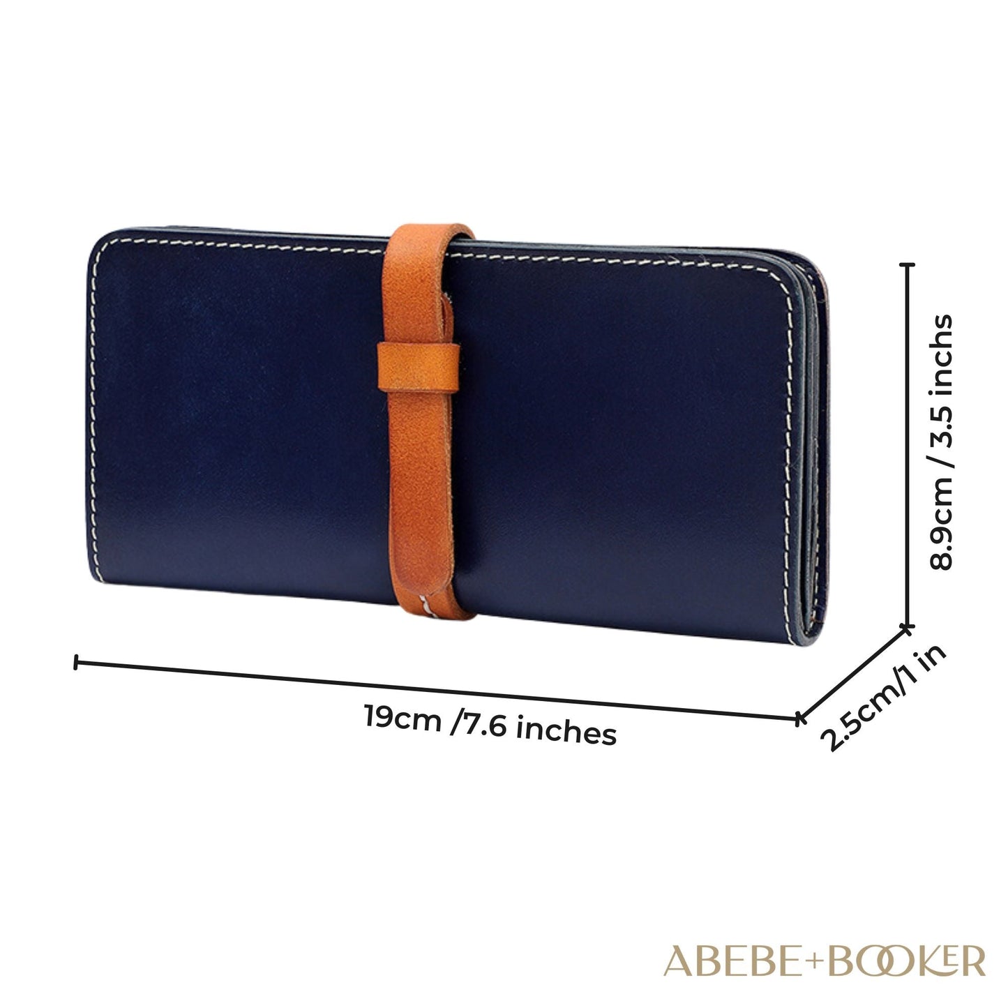 Deep blue female leather wallet with brown strap, high-quality craftsmanship,