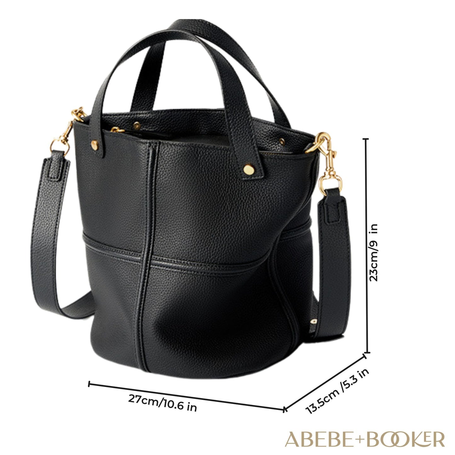 Women's black leather work bag with gold-tone hardware and adjustable strap, display dimensions.