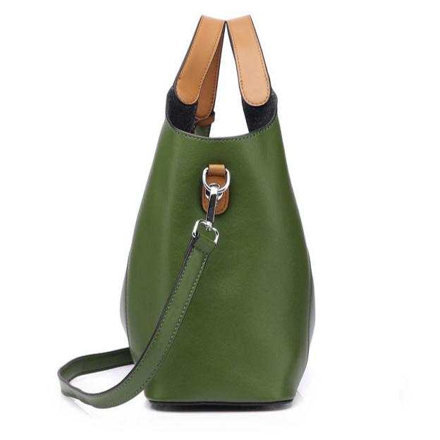 Green leather work bag with versatile design and adjustable strap.