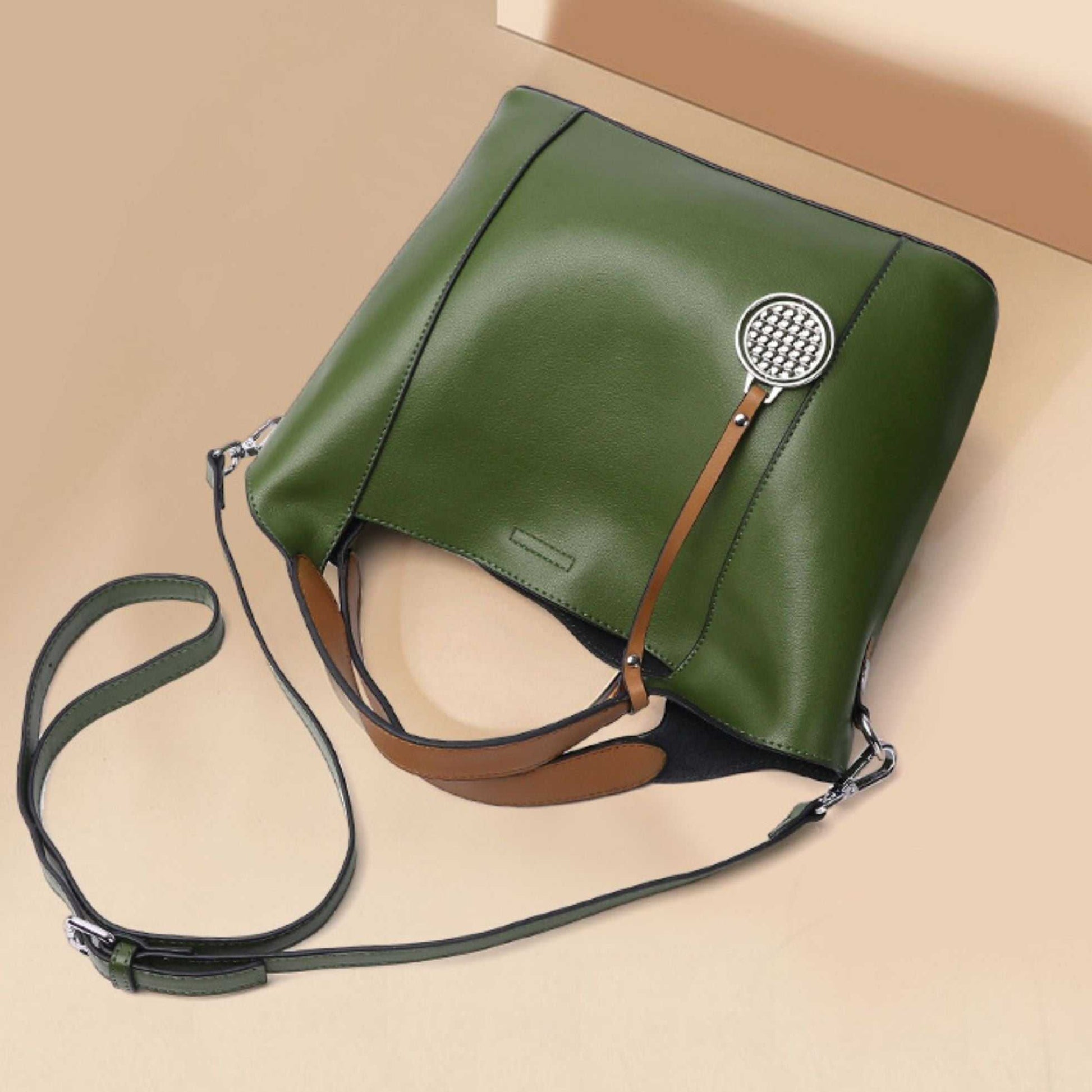 Green Leather Work Bag with versatile strap and bold design, perfect for everyday use.
