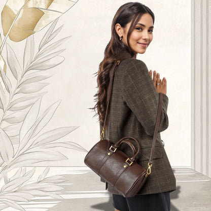 Classic Leather Barrel Handbag with gold hardware, genuine leather, versatile strap, suitable