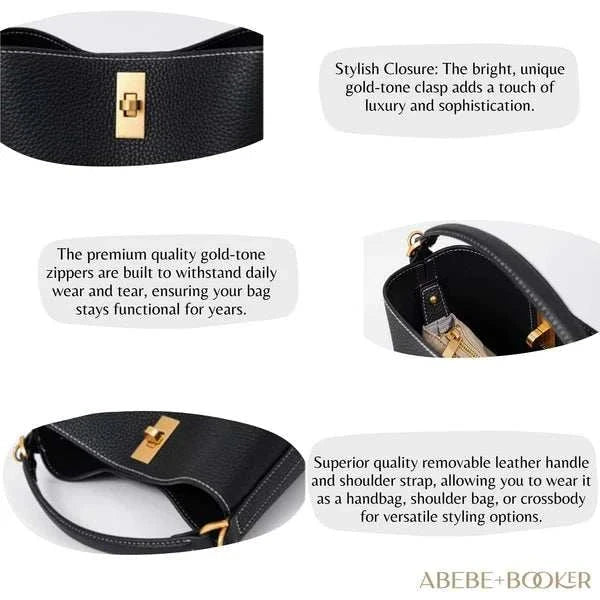 Crossbody bucket purse in genuine leather with gold-tone