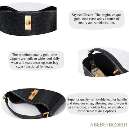 Crossbody bucket purse in genuine leather with gold-tone