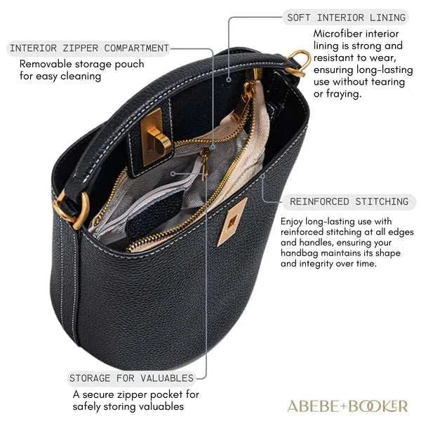 Crossbody bucket purse in genuine leather with interior zipper compartments