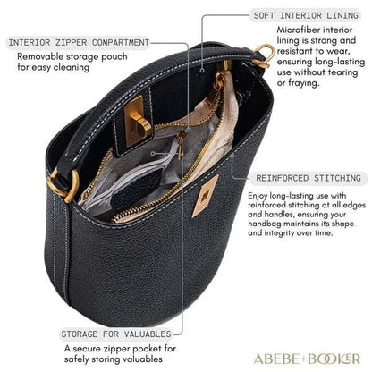Crossbody bucket purse in genuine leather with interior zipper compartments