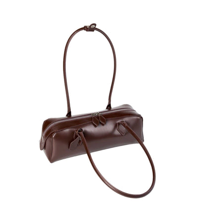 Leather baguette bag in brown full-grain leather with top handles