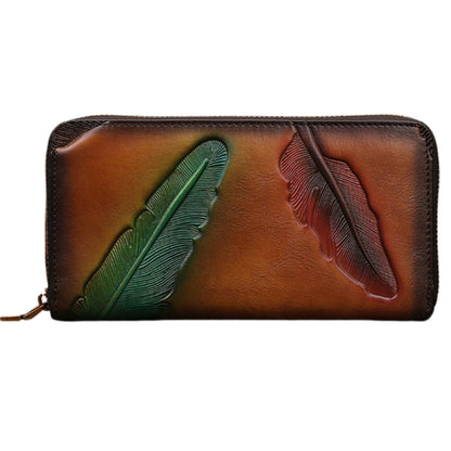 Leather womens leaf wallet with embossed nature-inspired design, handcrafted from genuine leather.