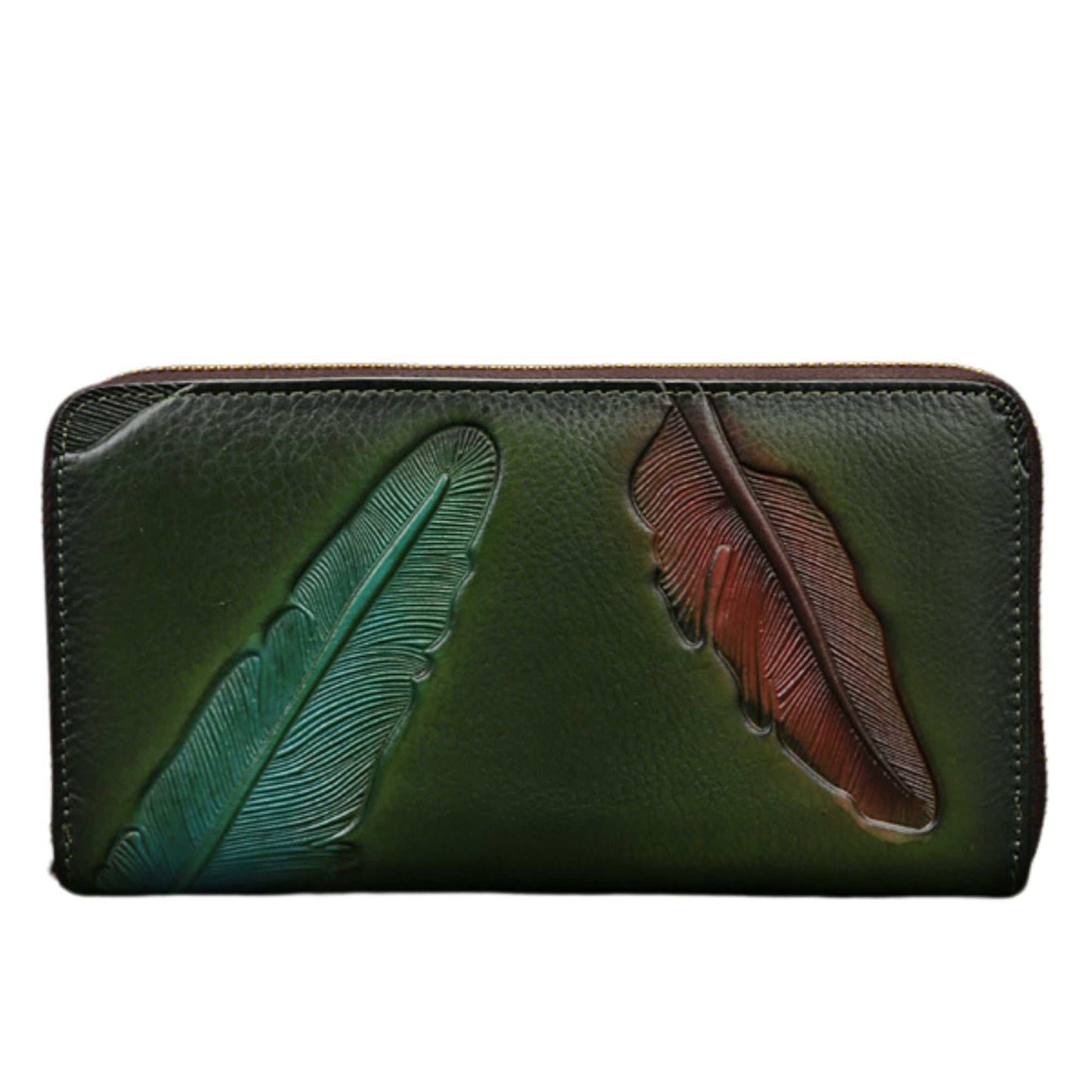 Handcrafted genuine leather womens wallet with embossed leaf design.