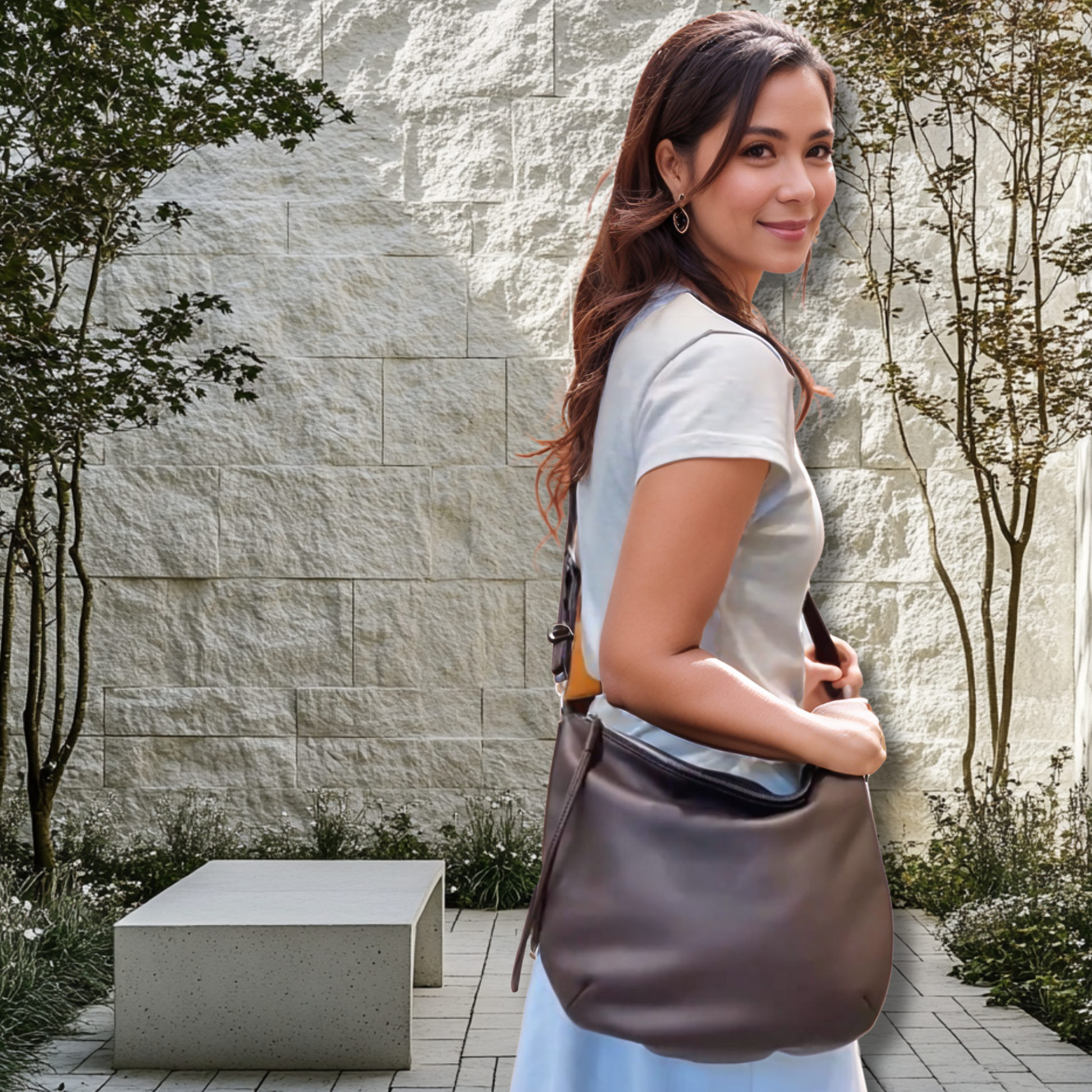 Slouchy crossbody bag in genuine leather worn by a woman outdoors.