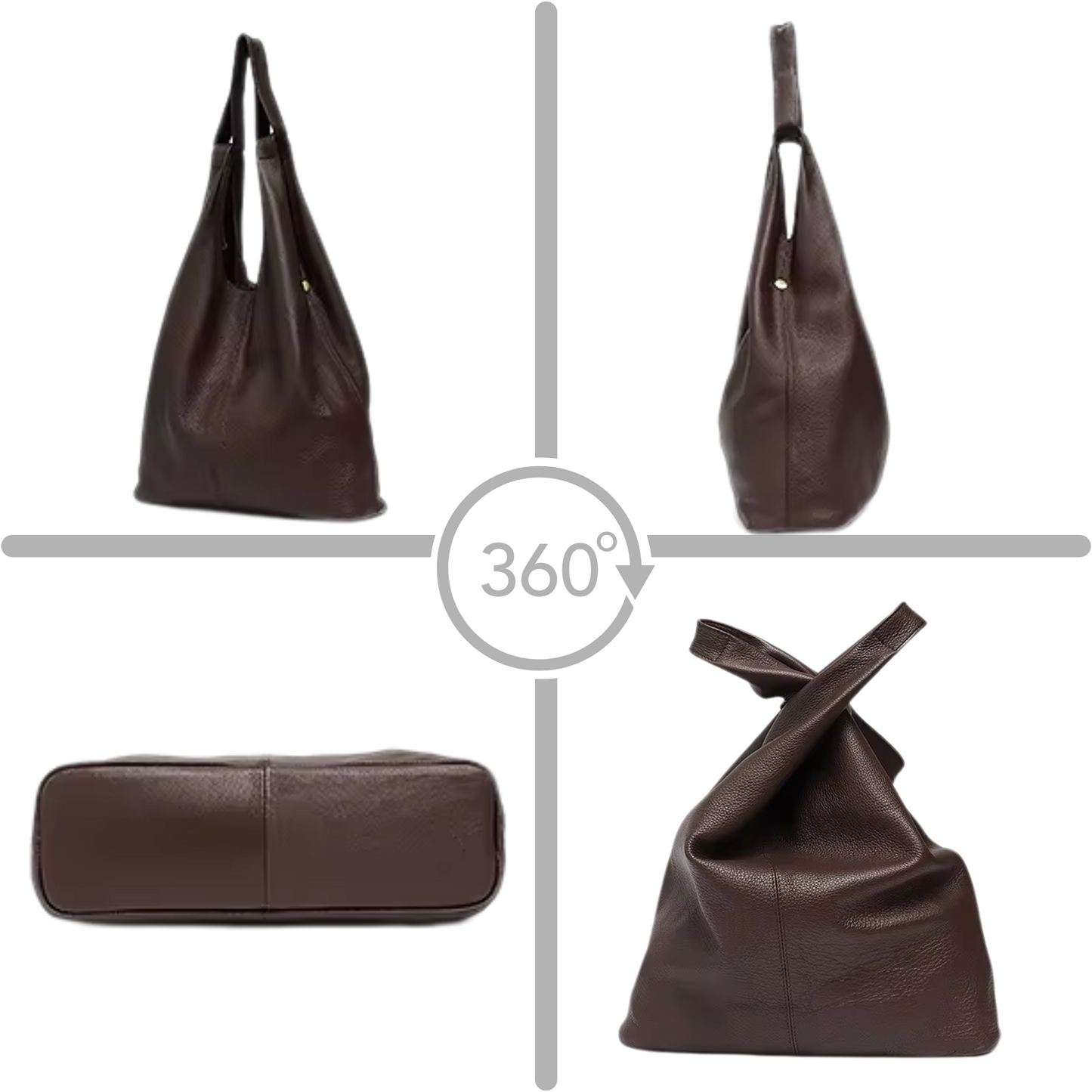 Slouchy Leather Hobo Bag in brown, 360-degree view showcasing soft genuine leather design.