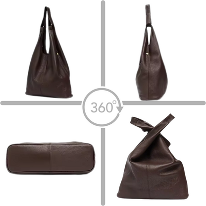 Slouchy Leather Hobo Bag in brown, 360-degree view showcasing soft genuine leather design.