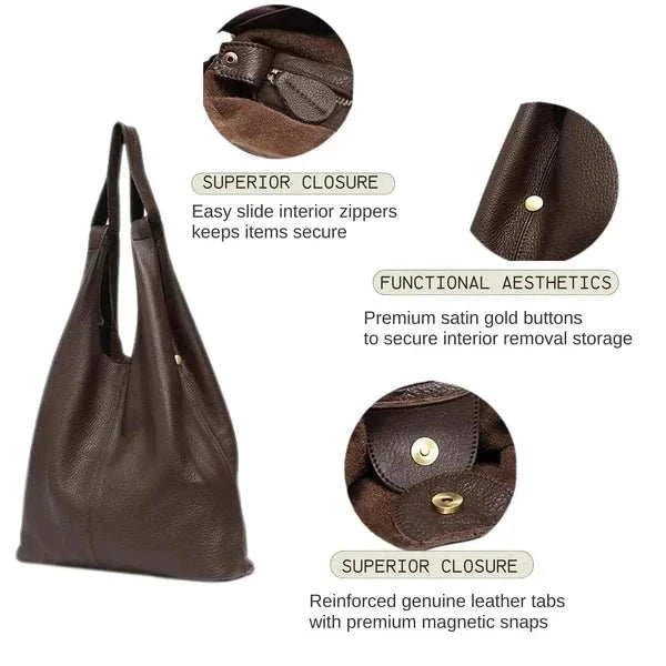 Slouchy Leather Hobo Bag with superior closure, functional aesthetics, and