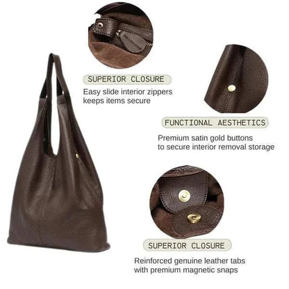 Slouchy Leather Hobo Bag with superior closure, functional aesthetics, and