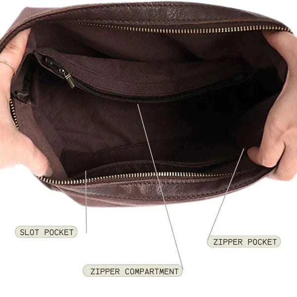 Interior view of Slouchy Leather Hobo Bag showing zipper compartment and pockets.