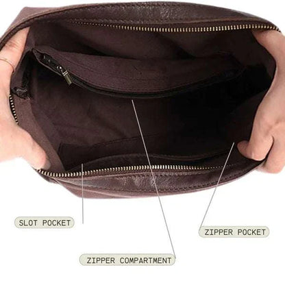 Interior view of Slouchy Leather Hobo Bag showing zipper compartment and pockets.