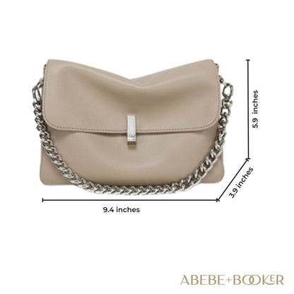 Small messenger purse in beige genuine leather with chain strap, featuring sleek dimensions and stylish design for