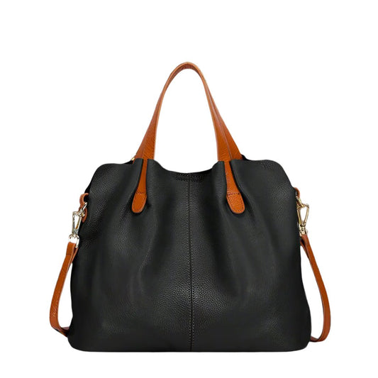 Soft Luxe Genuine Leather Handbag in black and brown, featuring lychee-pattern leather